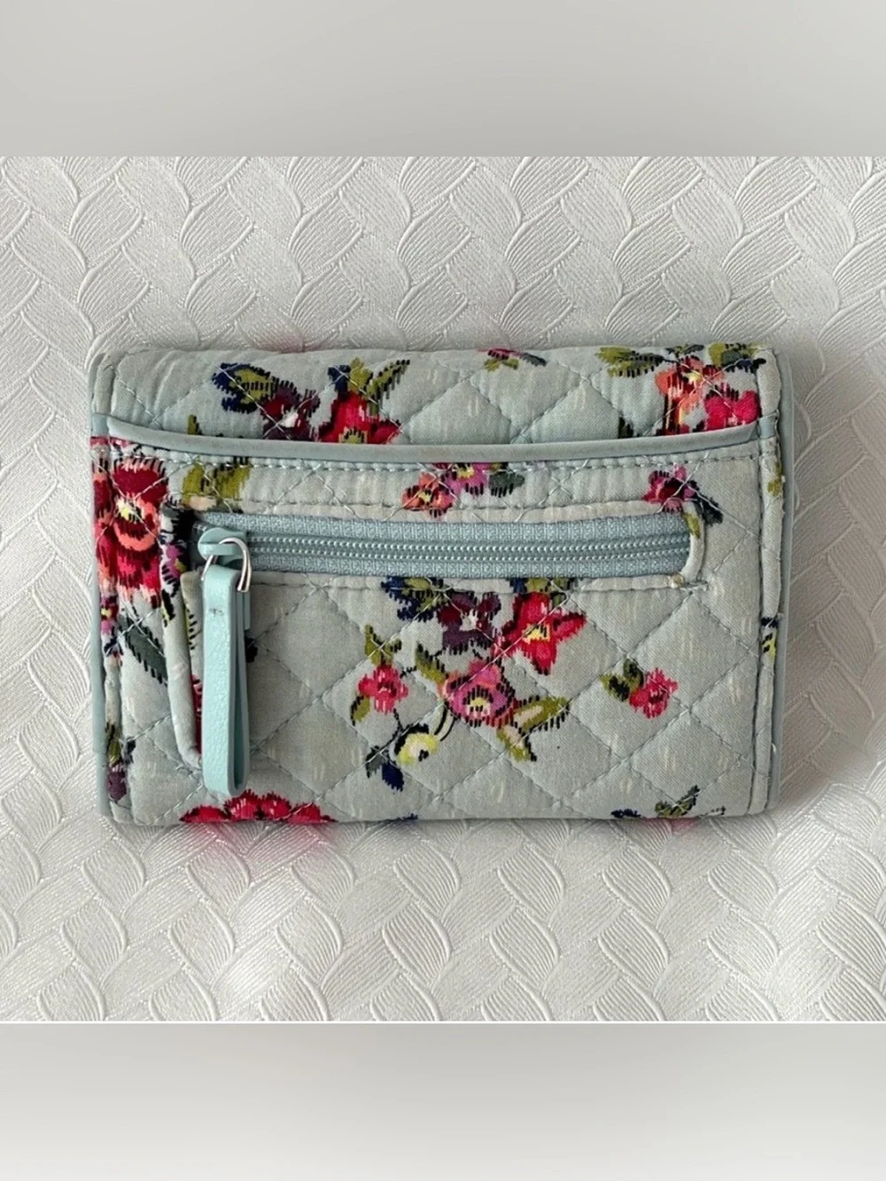 Vera Bradley Quilted Floral Wallet in Light Blue with Pink & Green Accents
